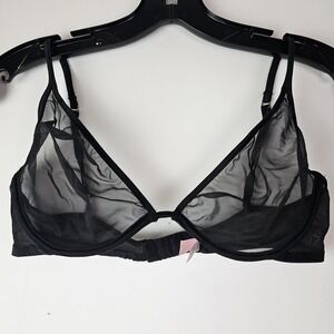 Victorias Secret 34D Black Mesh Unlined Sheer Bra Minimalist Support‎ Underwire
